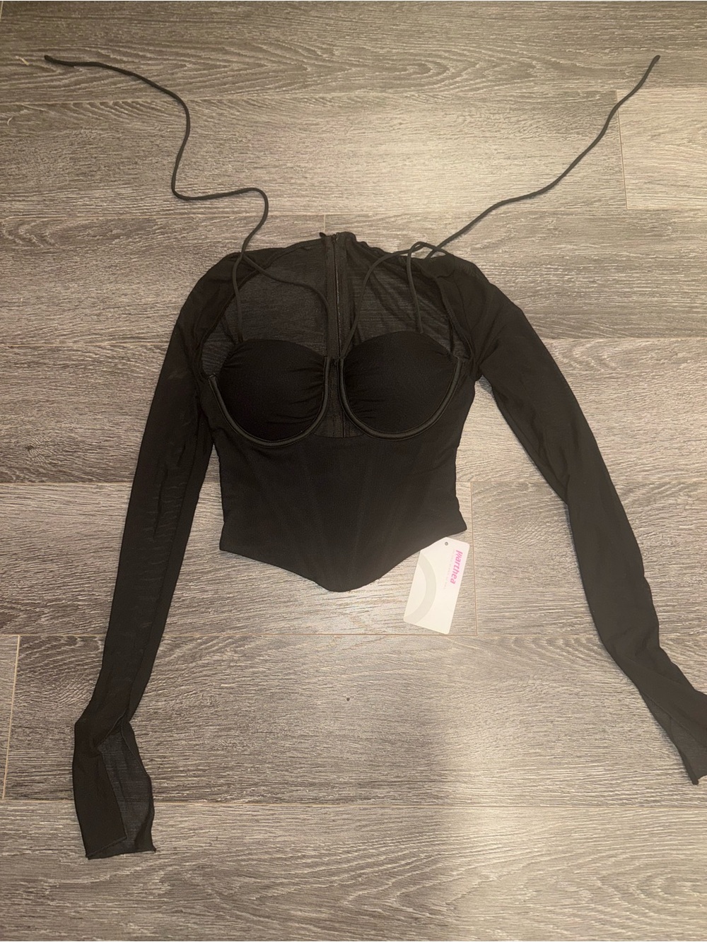 Women's Black Long Sleeve Mesh Corset Top